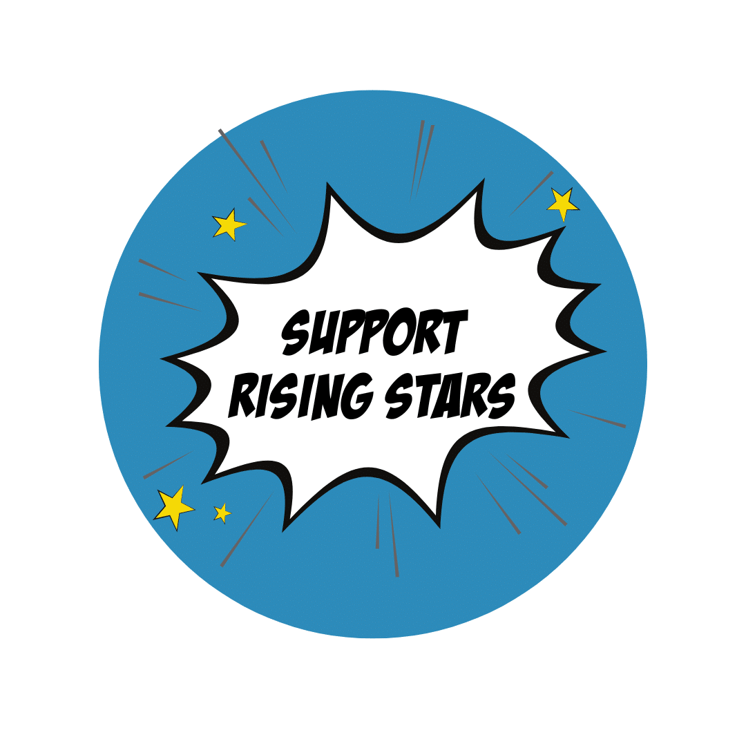 Round circle button that says support Rising Stars