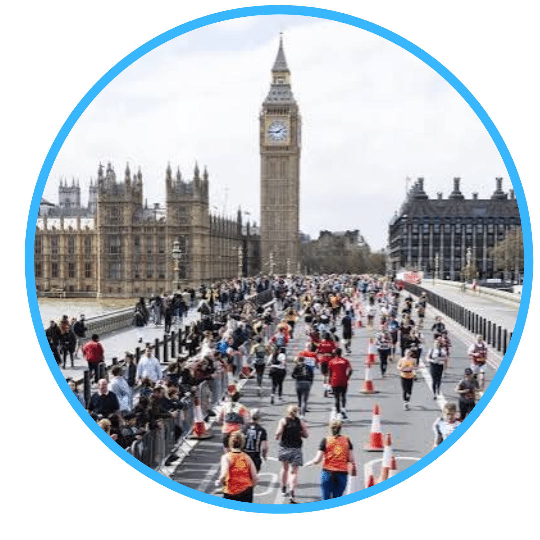 Image of Big Ben with runners running across the bridge in London Landmarks run